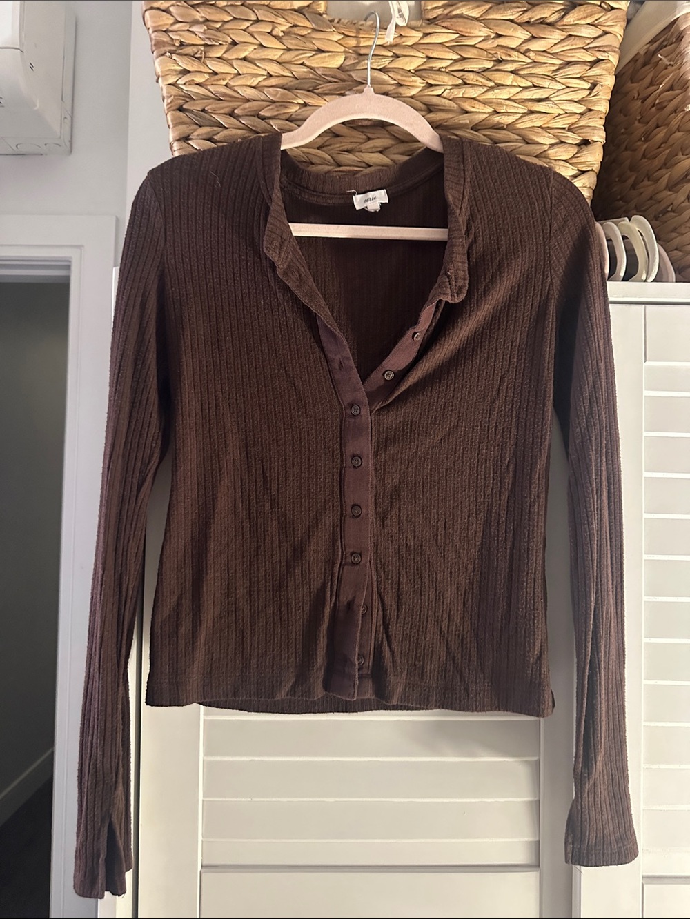 Aerie Brown Ribbed Button-Front Long Sleeve Top